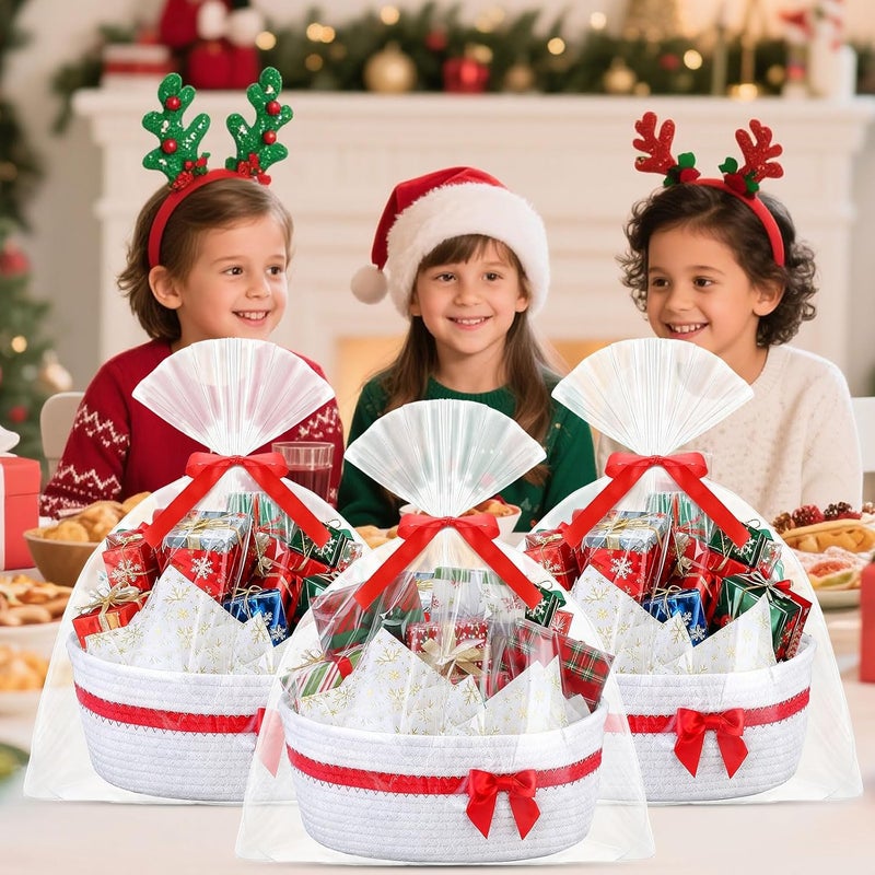 FoldTier 8 Pack Small Christmas Woven Basket with Gift Bags Ribbons and Wrapping Paper 12"x 8"x 5" Storage Basket with Handles Empty for Baby Shower Birthday Pet Toy Organizer Nursery Bins(White) - Image 2